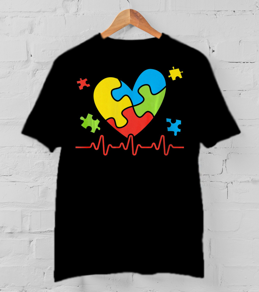 Autism Awareness Heart Puzzle Piece With Heartbeat Line T-Shirt