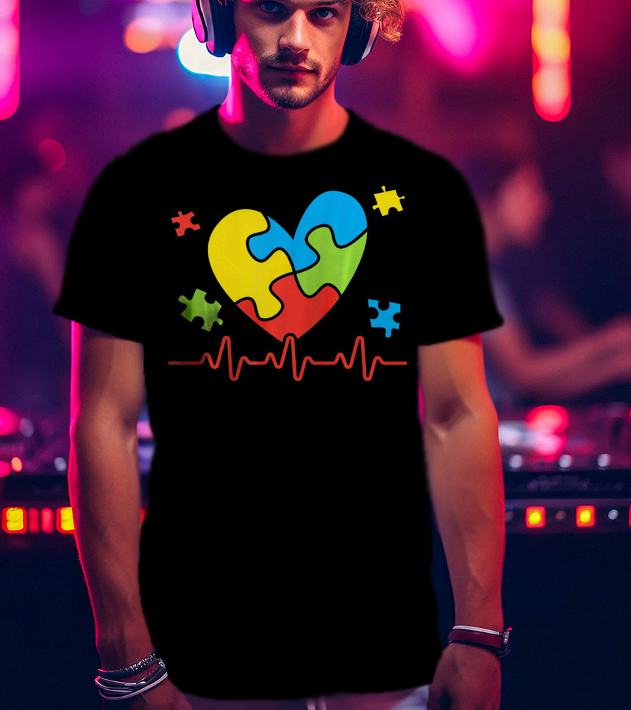Autism Awareness Heart Puzzle Piece With Heartbeat Line T-Shirt