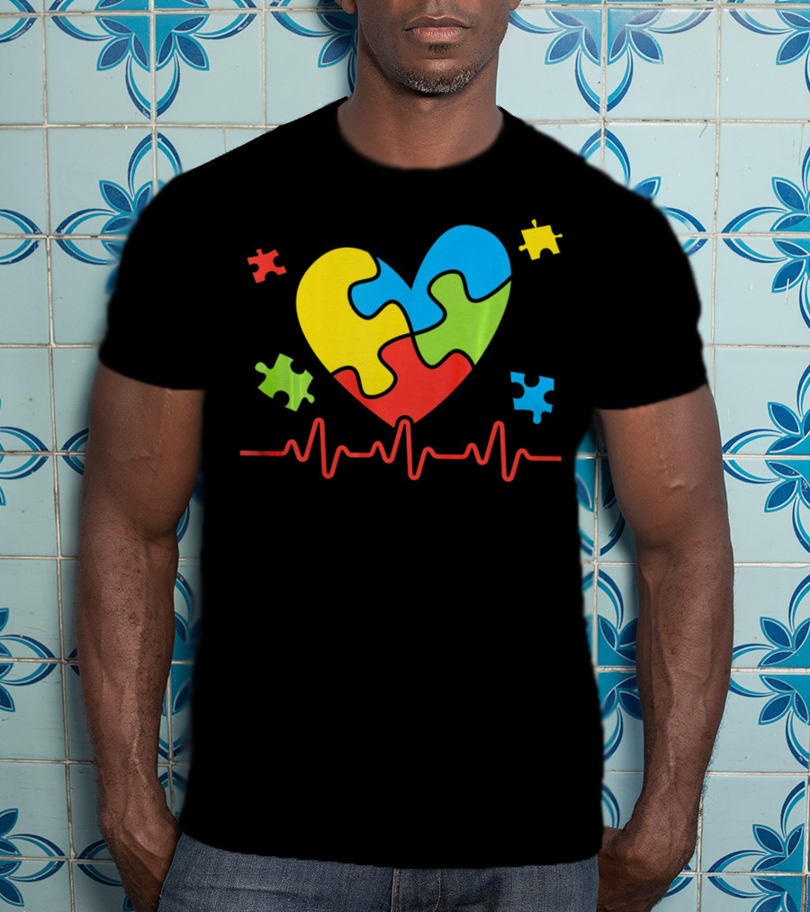 Autism Awareness Heart Puzzle Piece With Heartbeat Line T-Shirt