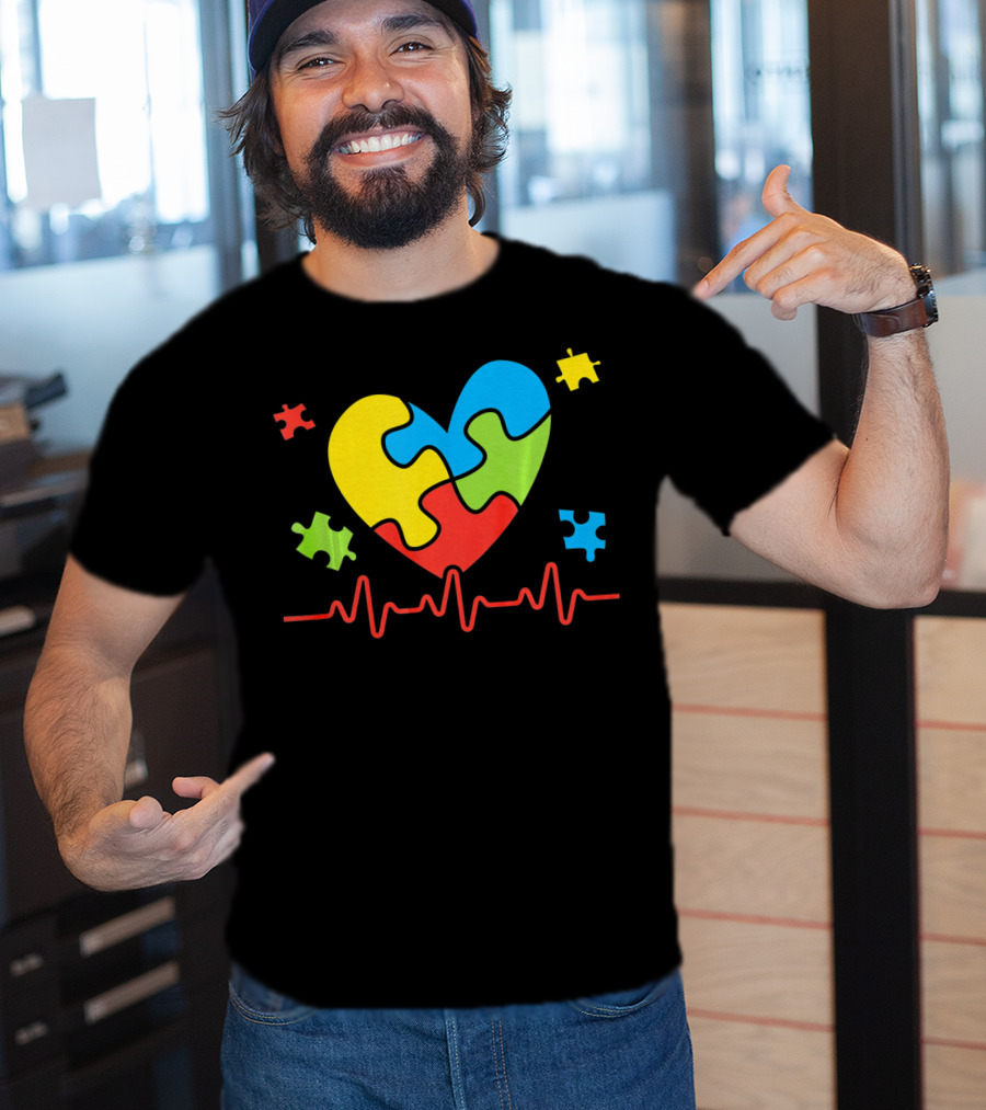 Autism Awareness Heart Puzzle Piece With Heartbeat Line T-Shirt
