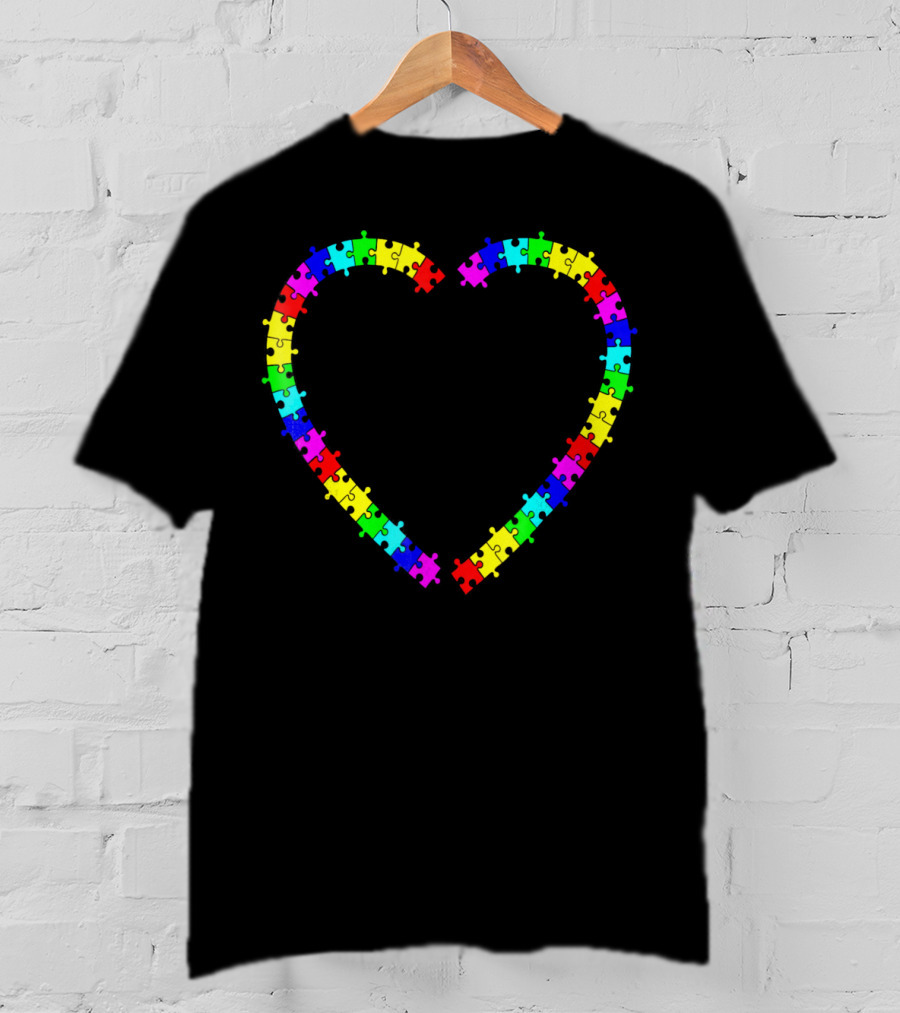 Autism Spectrum Awareness Puzzle Pieces Rainbow Heart T-Shirt