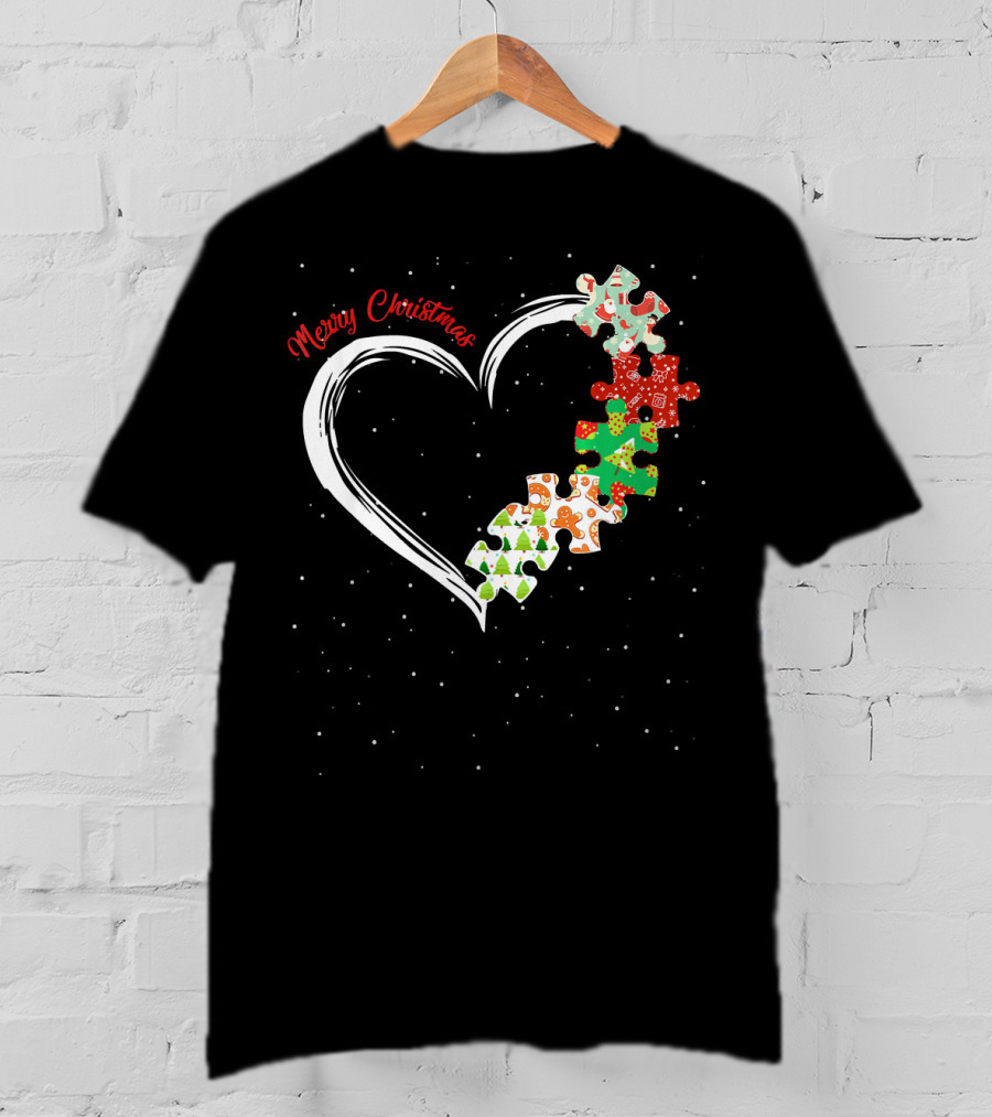 Merry Christmas Autism Awareness Heart Puzzle T-Shirt