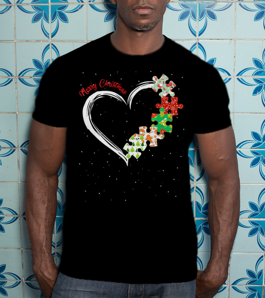 Merry Christmas Autism Awareness Heart Puzzle T-Shirt