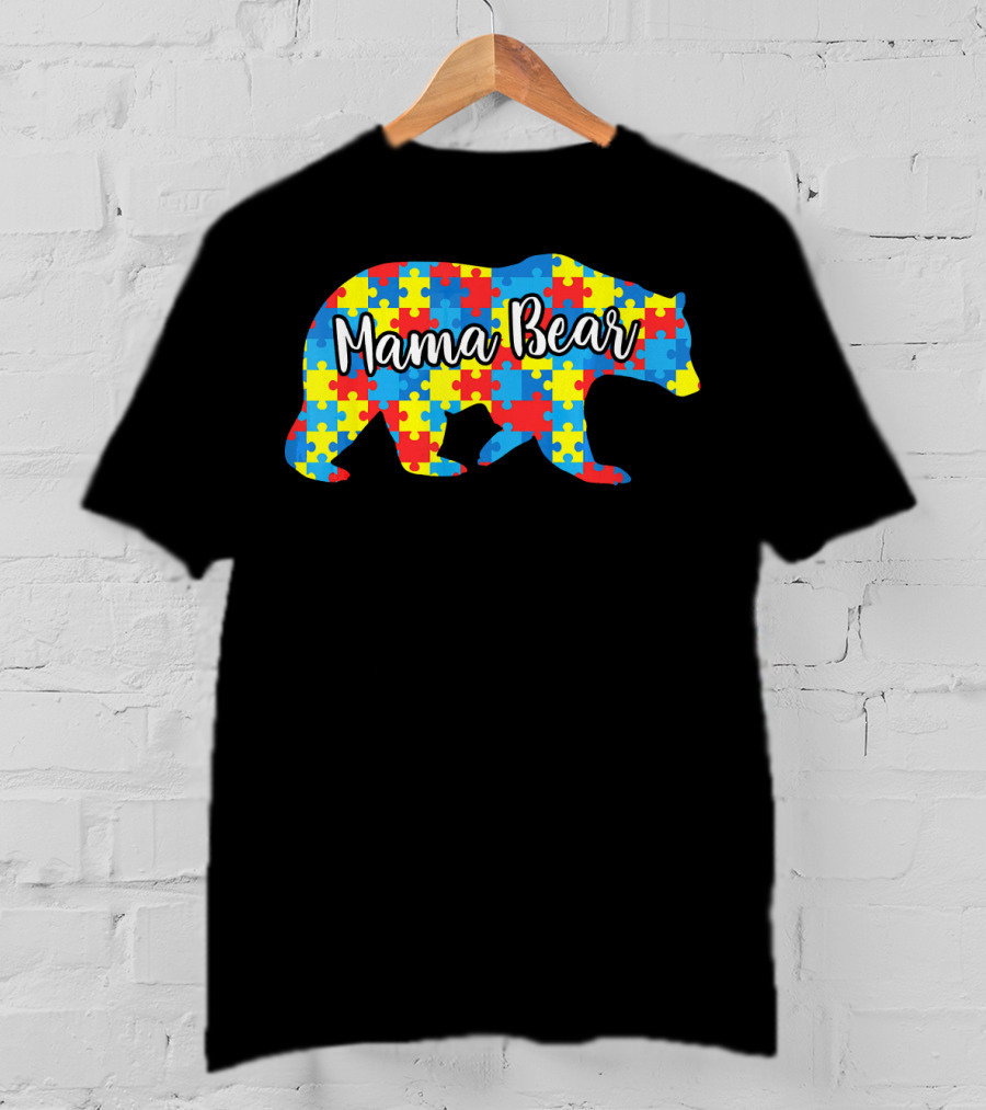 Mama Bear Autism Awareness Puzzle Pattern Love Support T-Shirt