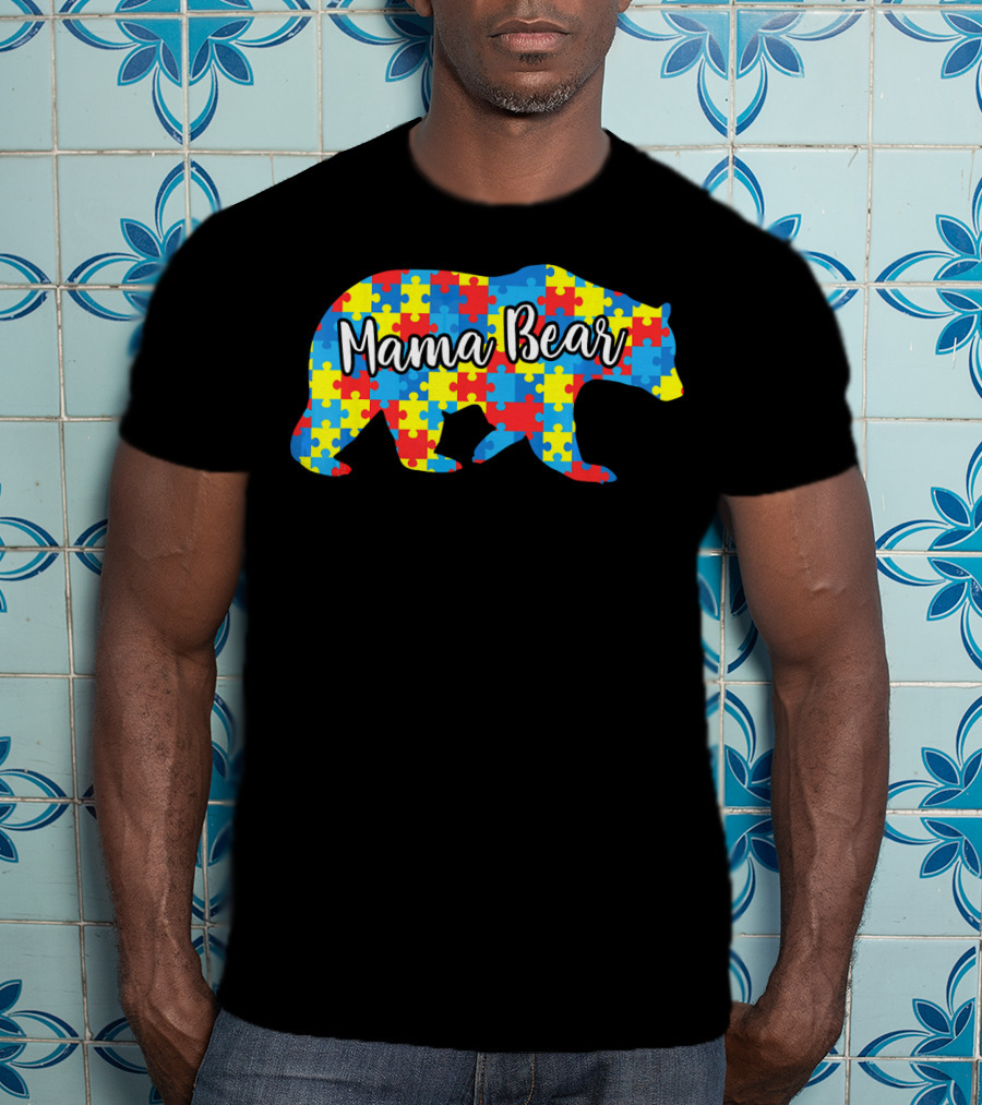 Mama Bear Autism Awareness Puzzle Pattern Love Support T-Shirt