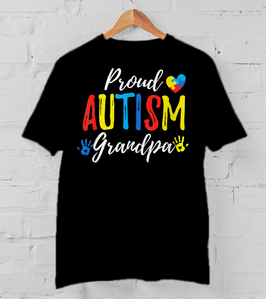 Proud Grandpa Autism Puzzle Heart Handprints T-Shirt