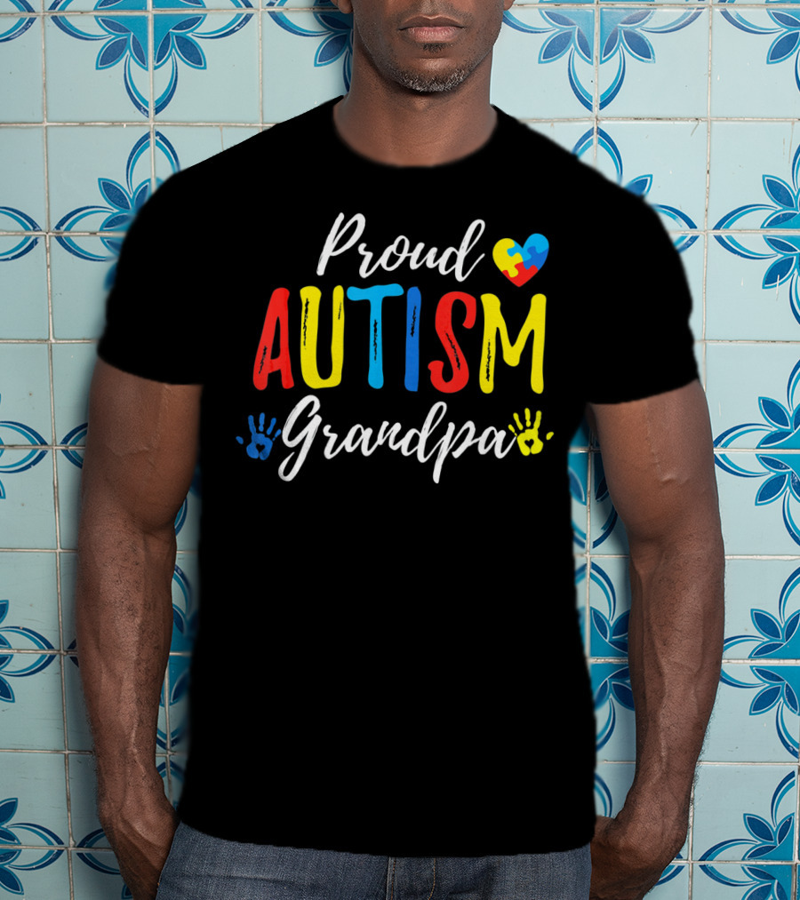 Proud Grandpa Autism Puzzle Heart Handprints T-Shirt
