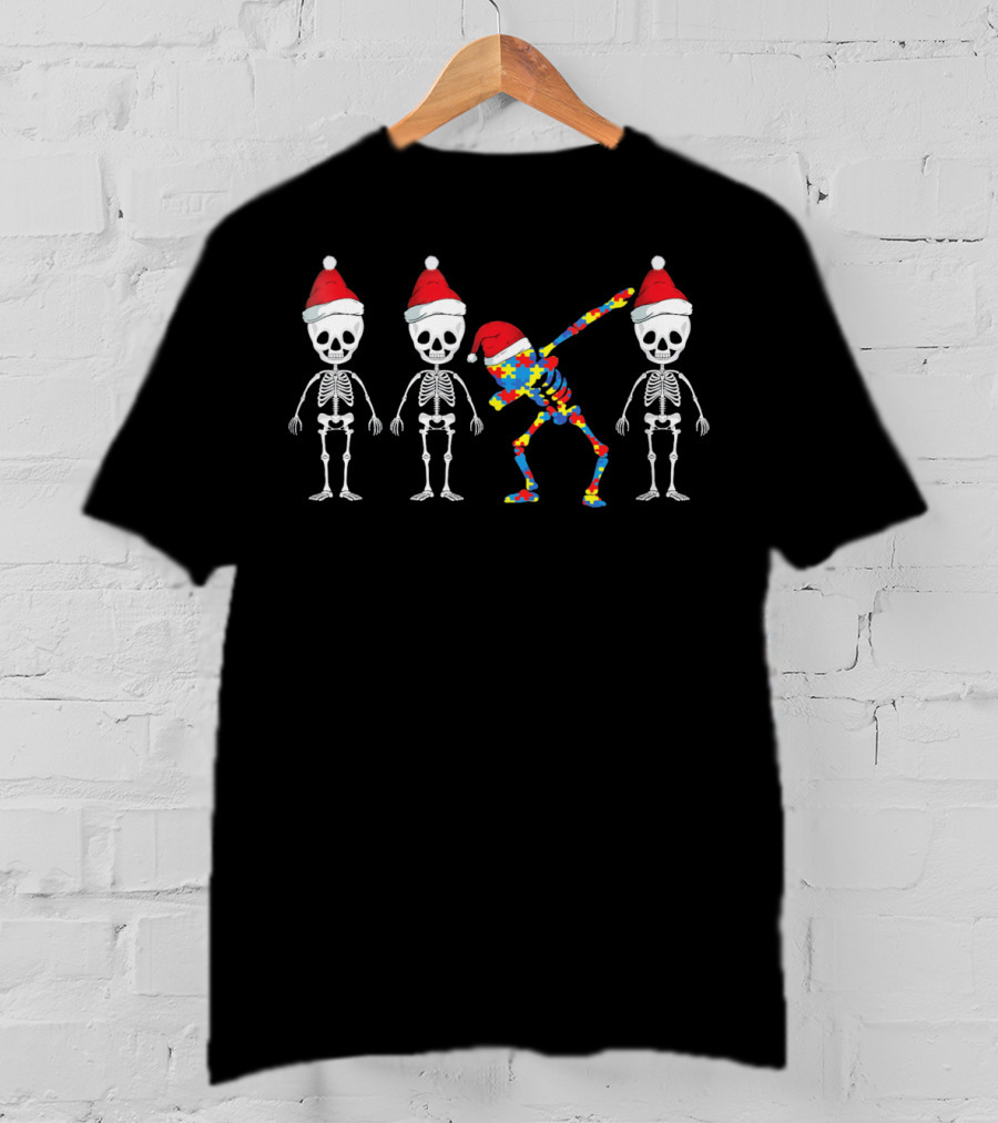 Autism Awareness Puzzle Skeleton Dabbing Santa Hat Trio T-Shirt