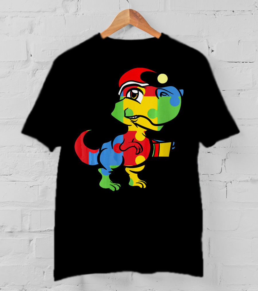 Funny Christmas Autism Awareness Santa Dinosaur Puzzle T-Shirt