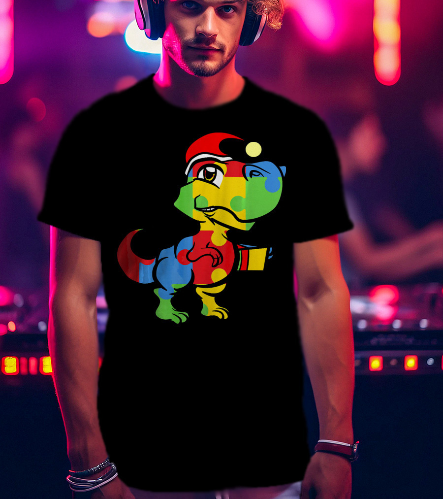 Funny Christmas Autism Awareness Santa Dinosaur Puzzle T-Shirt