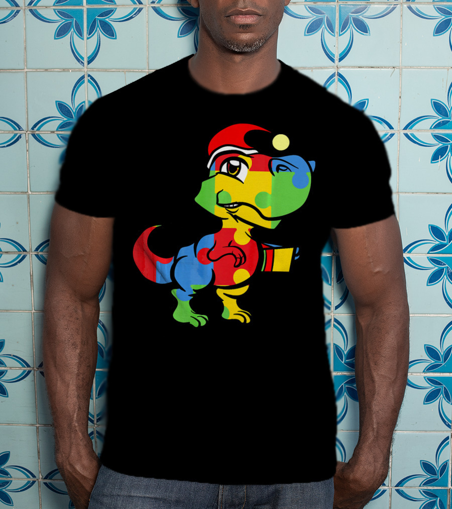Funny Christmas Autism Awareness Santa Dinosaur Puzzle T-Shirt