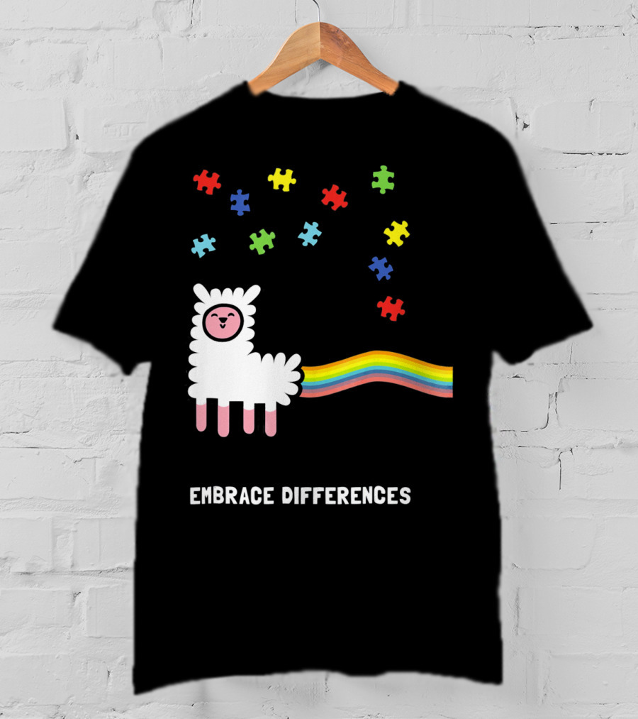 Embrace Differences Autism Awareness Llama Rainbow Puzzle Pieces T-Shirt