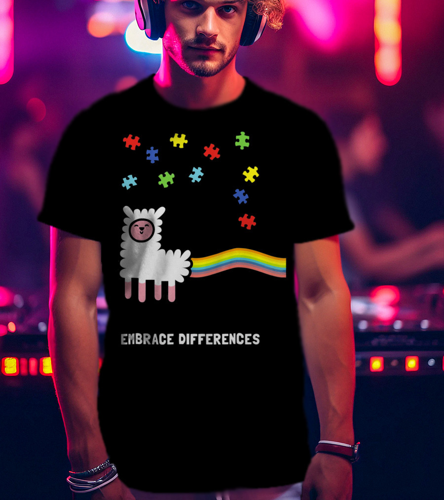 Embrace Differences Autism Awareness Llama Rainbow Puzzle Pieces T-Shirt