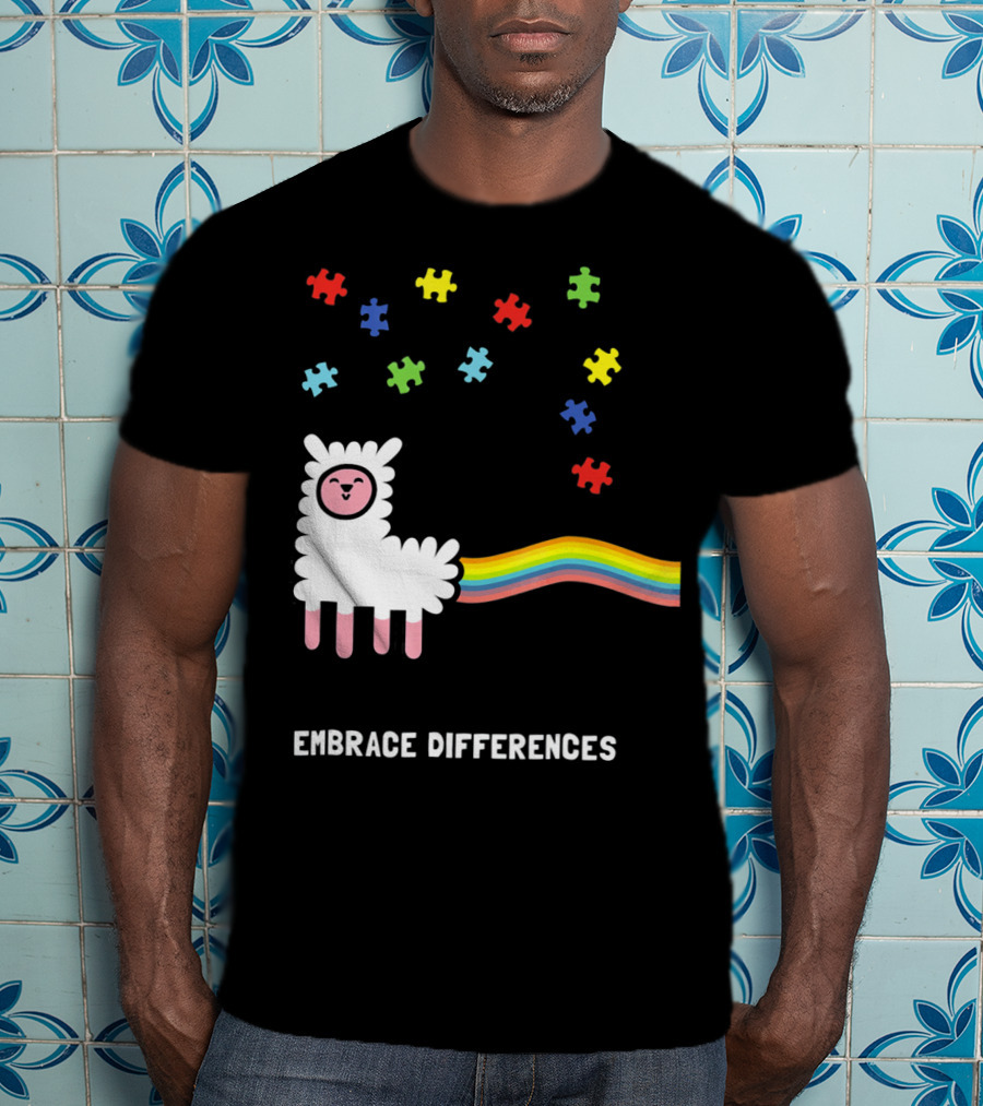 Embrace Differences Autism Awareness Llama Rainbow Puzzle Pieces T-Shirt