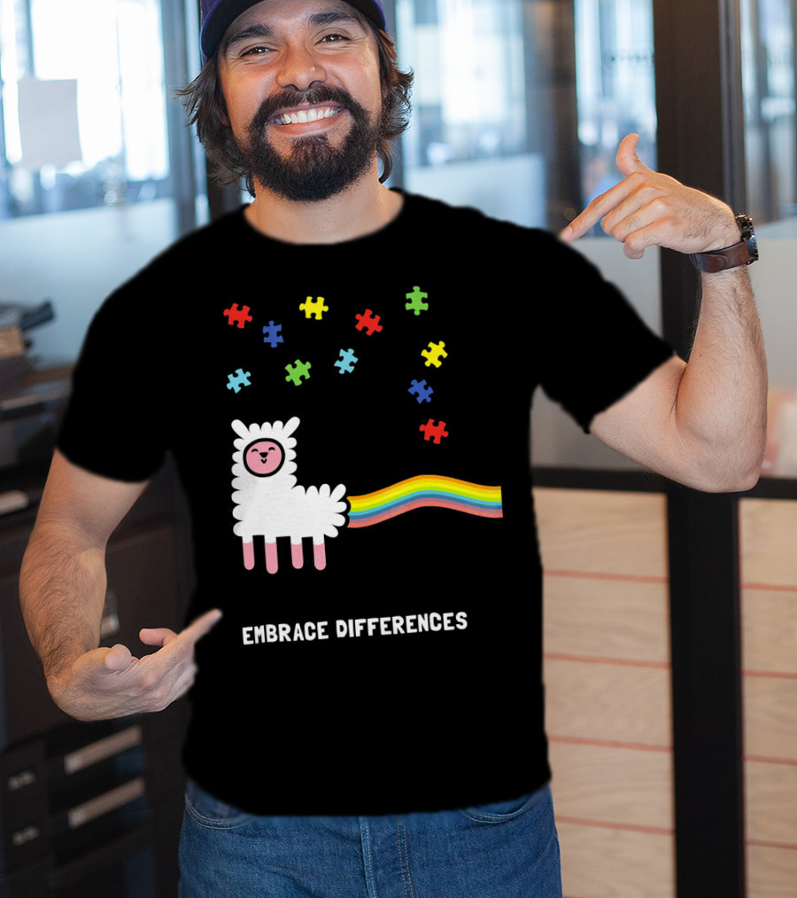Embrace Differences Autism Awareness Llama Rainbow Puzzle Pieces T-Shirt