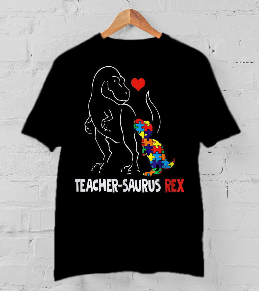 Teacher Saurus Rex Dinosaur With Heart And Colorful Puzzle T-Shirt