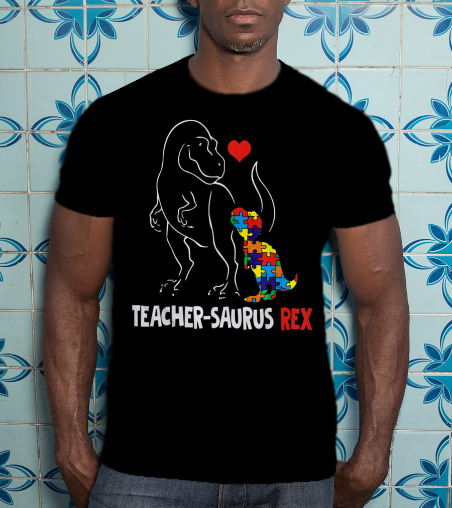 Teacher Saurus Rex Dinosaur With Heart And Colorful Puzzle T-Shirt