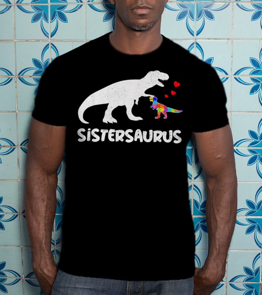 Sistersaurus Dinosaur Rainbow Puzzle Hearts T-Shirt