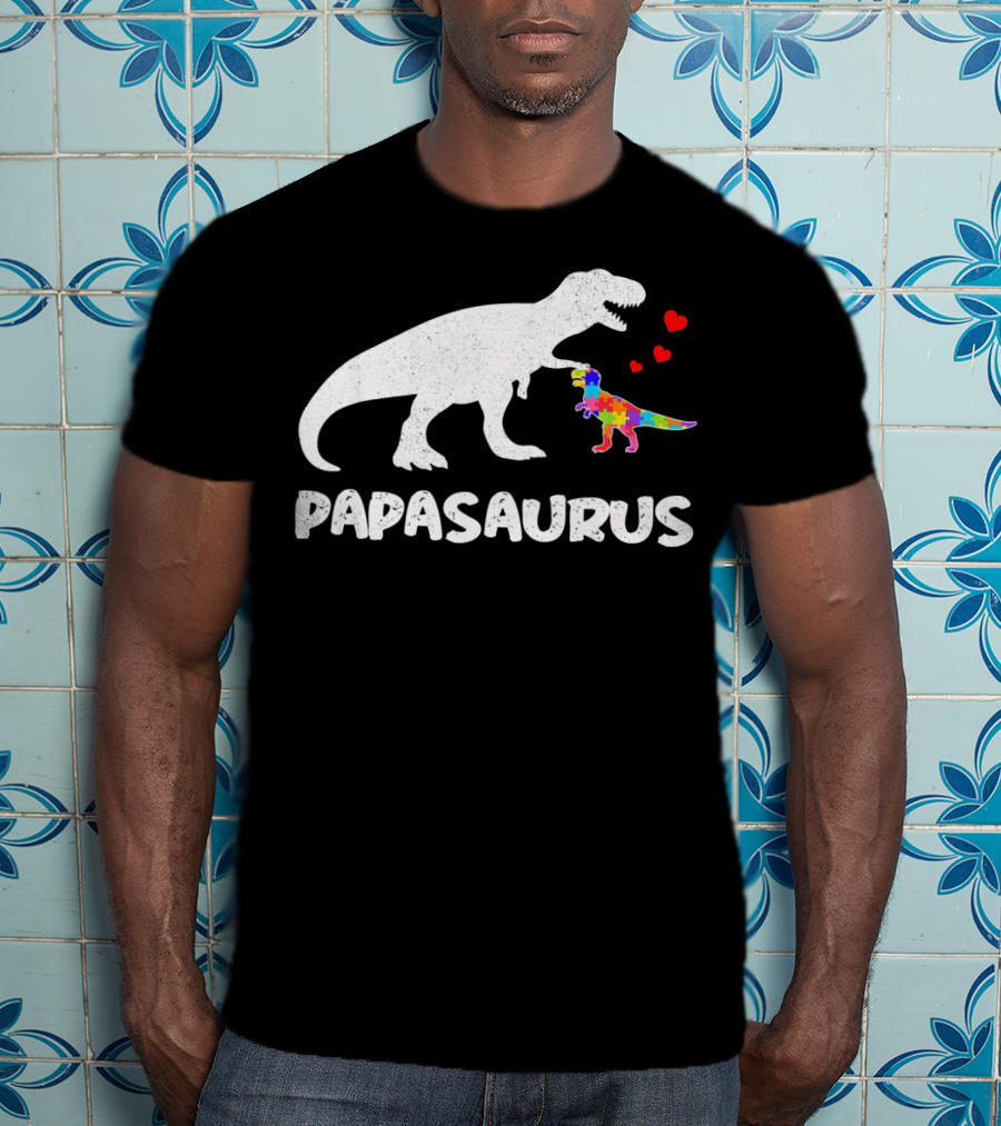 Papasaurus Dinosaur Puzzle Piece Autism Hearts T-Shirt