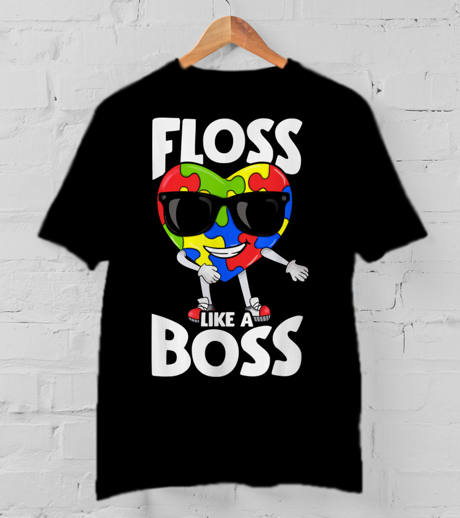 Floss Like A Boss Heart With Puzzle Autism T-Shirt