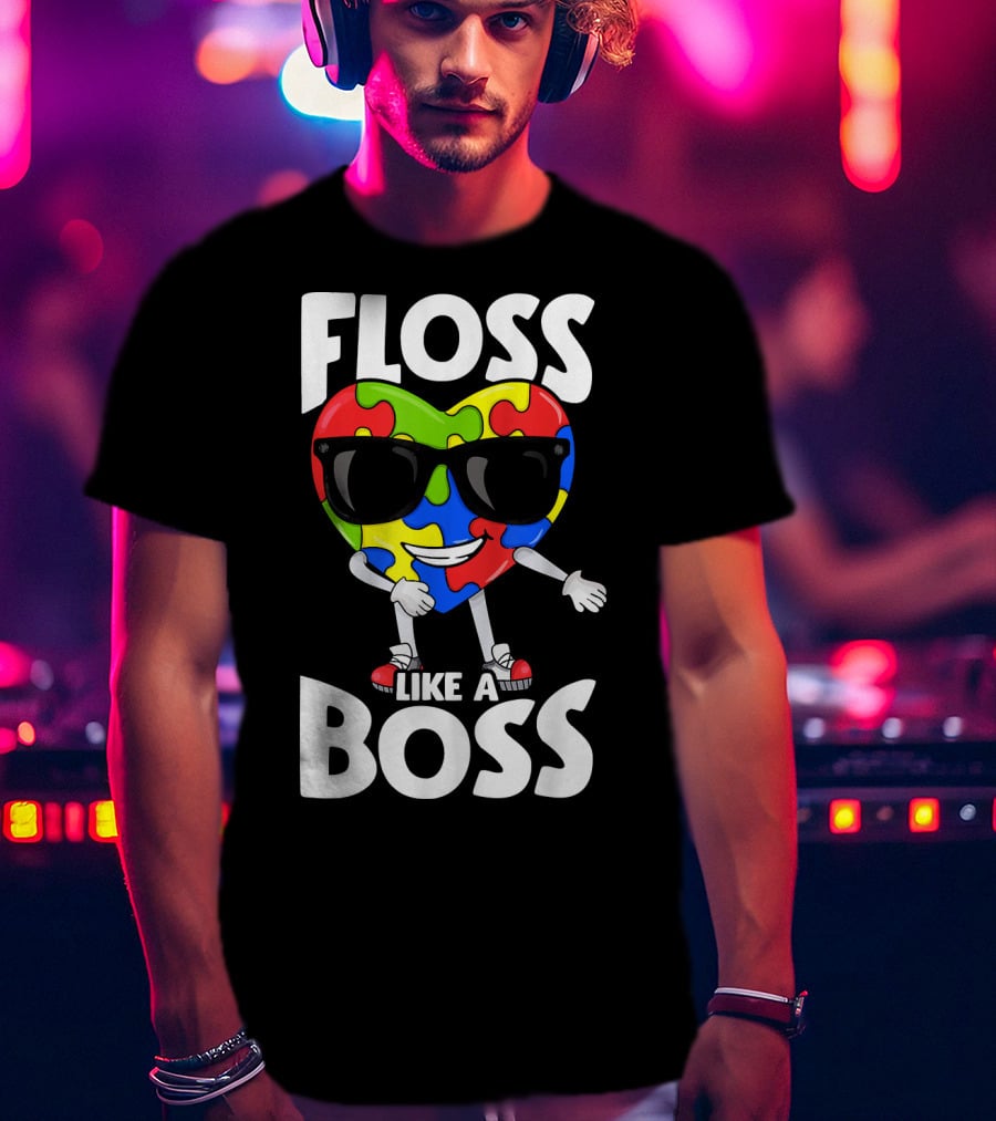 Floss Like A Boss Heart With Puzzle Autism T-Shirt