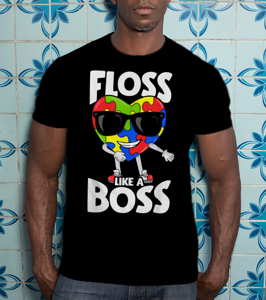 Floss Like A Boss Heart With Puzzle Autism T-Shirt