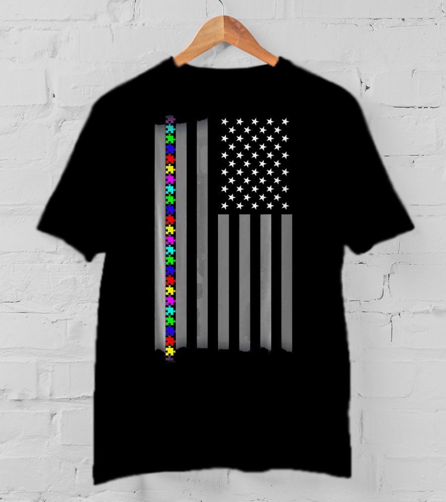 Autism Awareness Puzzles American Flag T-Shirt