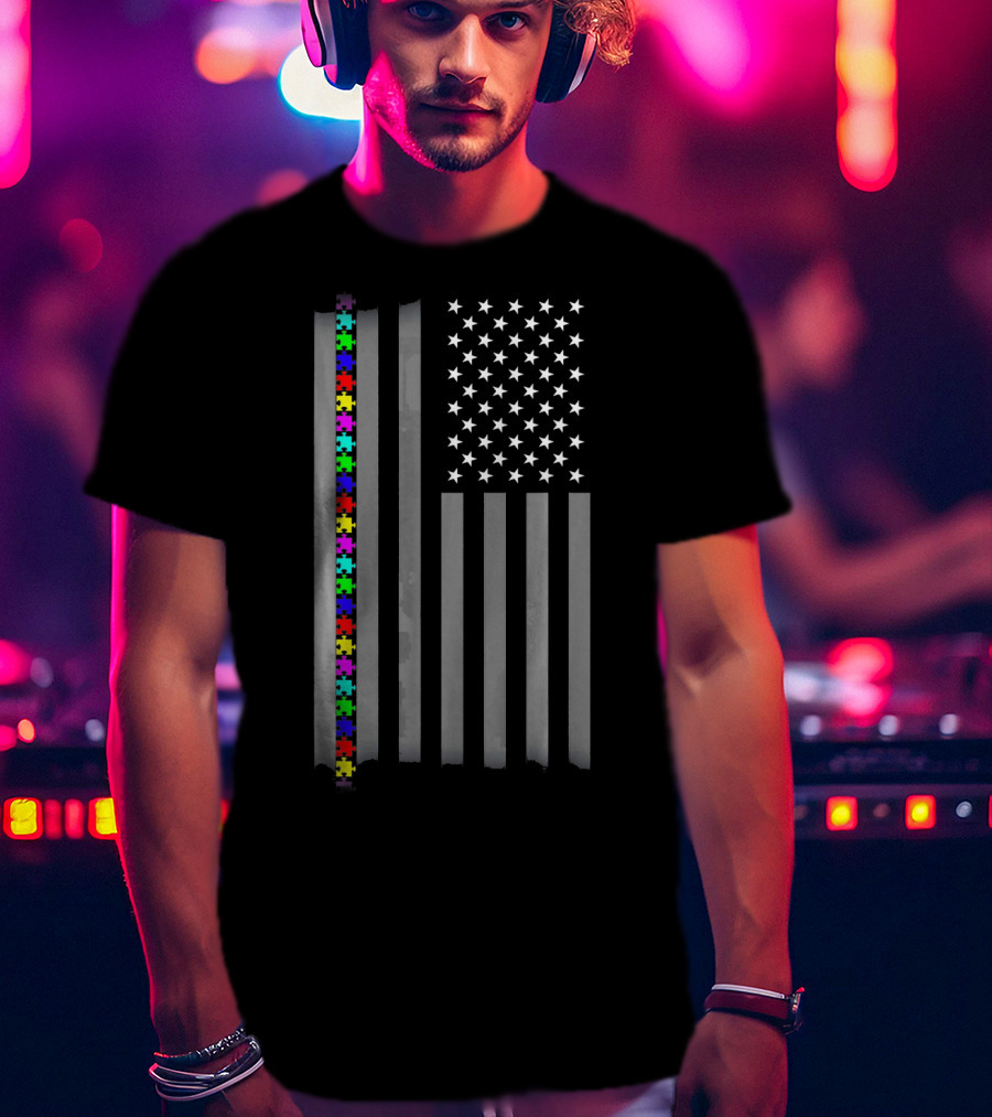 Autism Awareness Puzzles American Flag T-Shirt