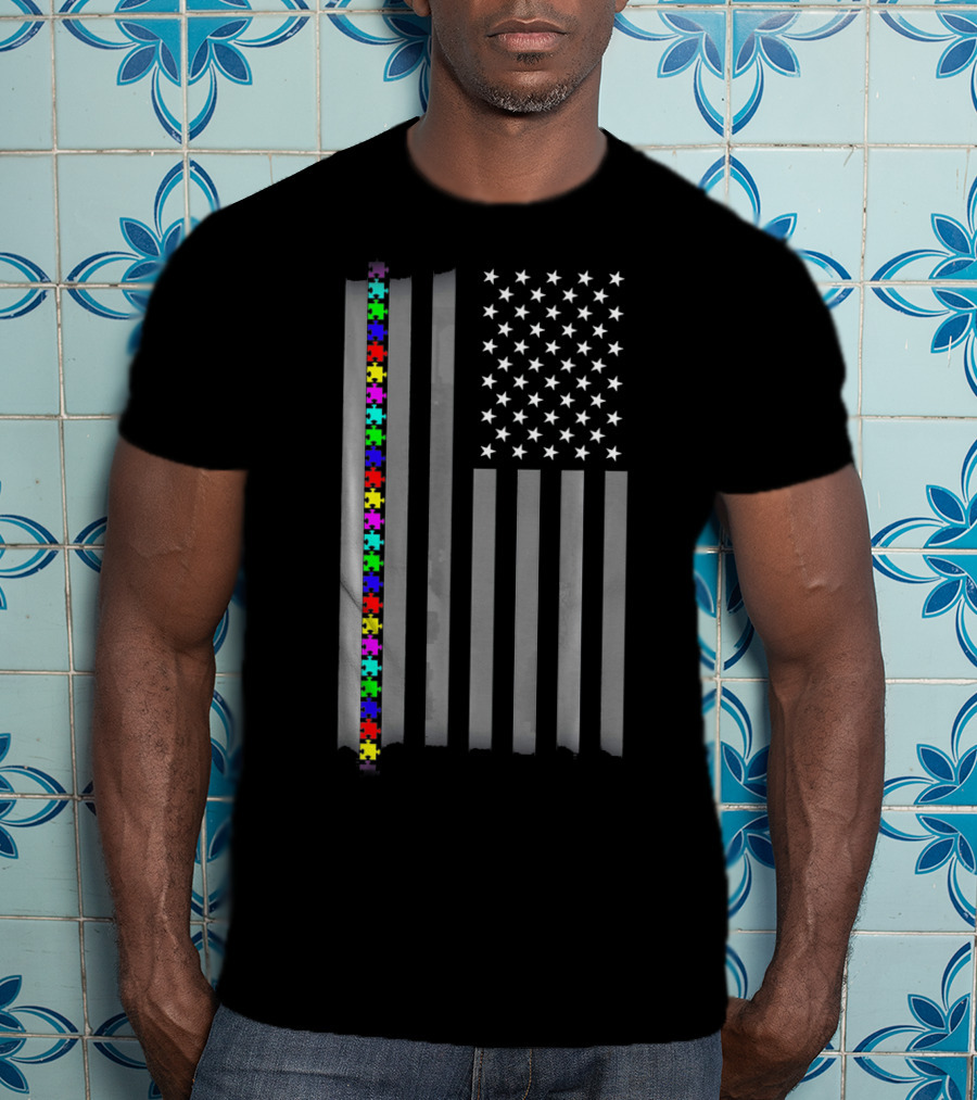 Autism Awareness Puzzles American Flag T-Shirt