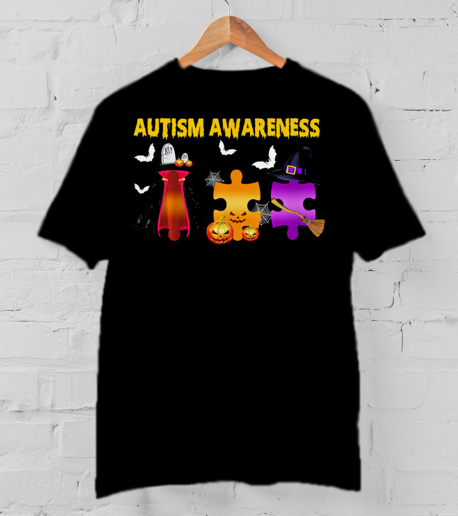 Autism Awareness Halloween Puzzle Pieces With Witch Hat Bats And Pumpkins T-Shirt