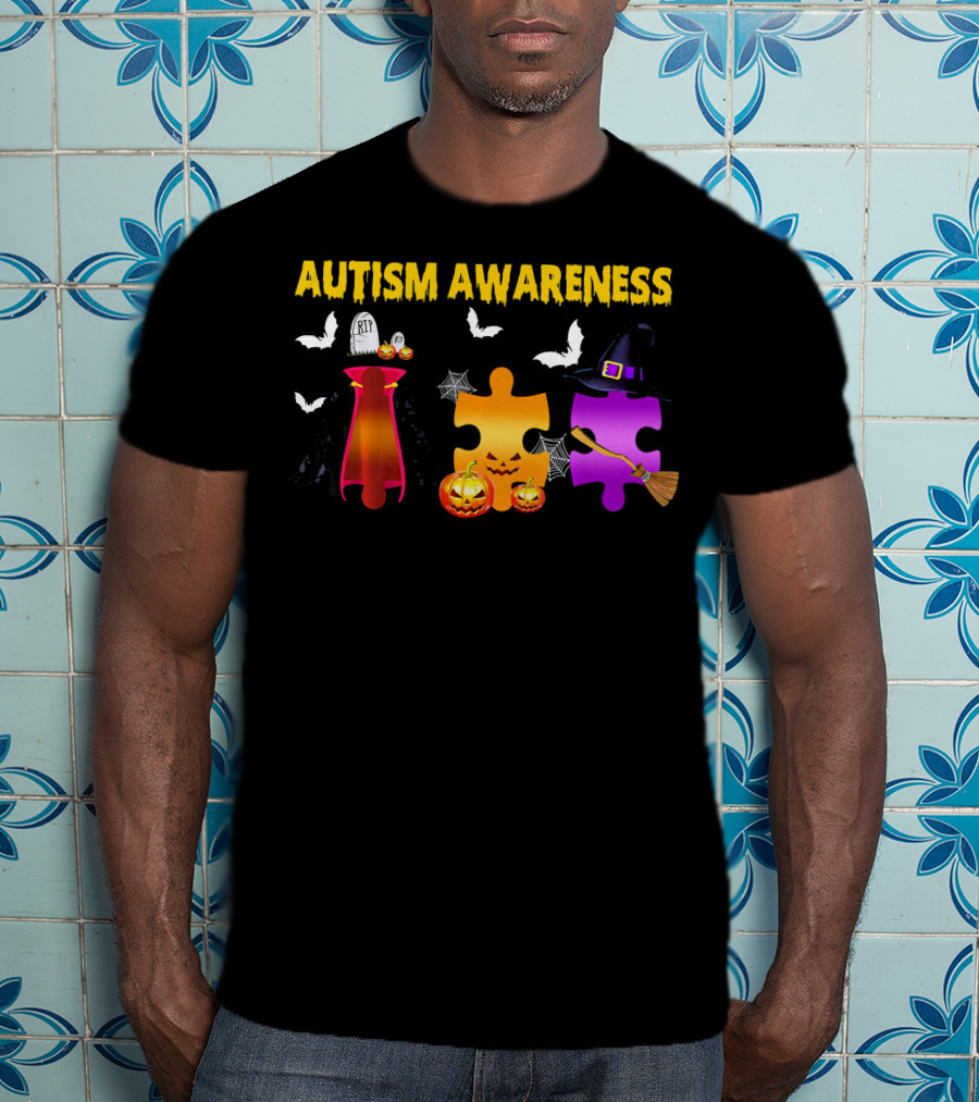 Autism Awareness Halloween Puzzle Pieces With Witch Hat Bats And Pumpkins T-Shirt