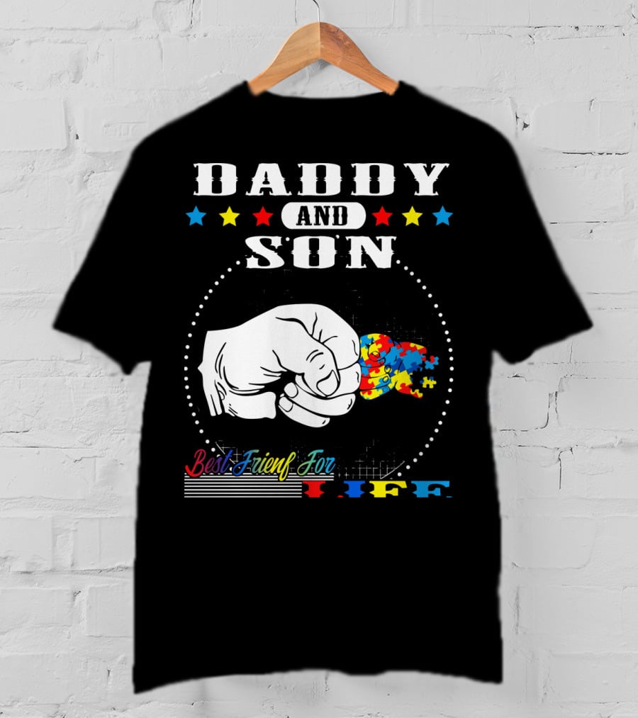 Daddy And Son Best Friends For Life Autism Awareness Puzzle Fist Bump T-Shirt