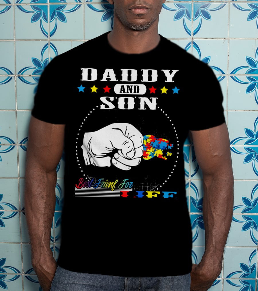 Daddy And Son Best Friends For Life Autism Awareness Puzzle Fist Bump T-Shirt