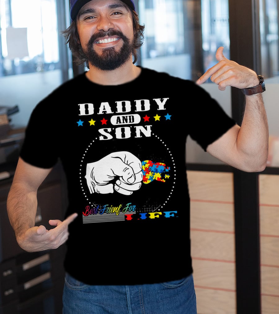 Daddy And Son Best Friends For Life Autism Awareness Puzzle Fist Bump T-Shirt
