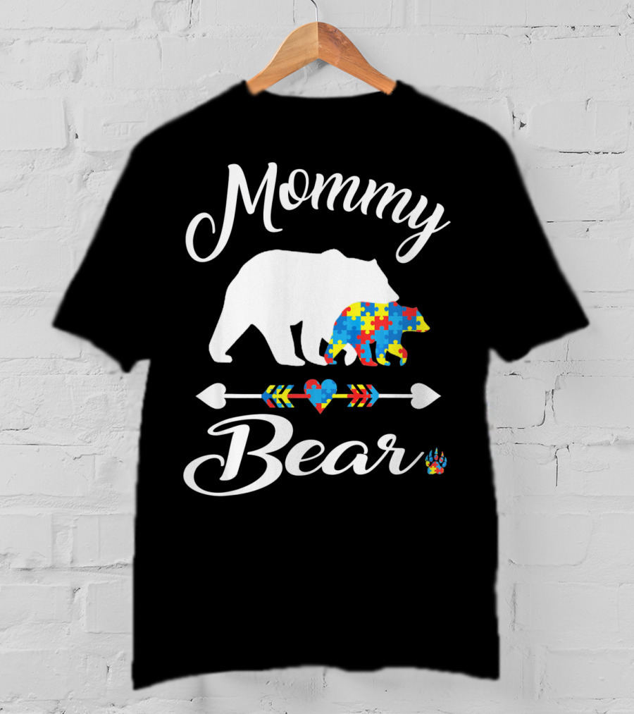 Mommy Bear Autism Awareness Puzzle Pattern Heart T-Shirt