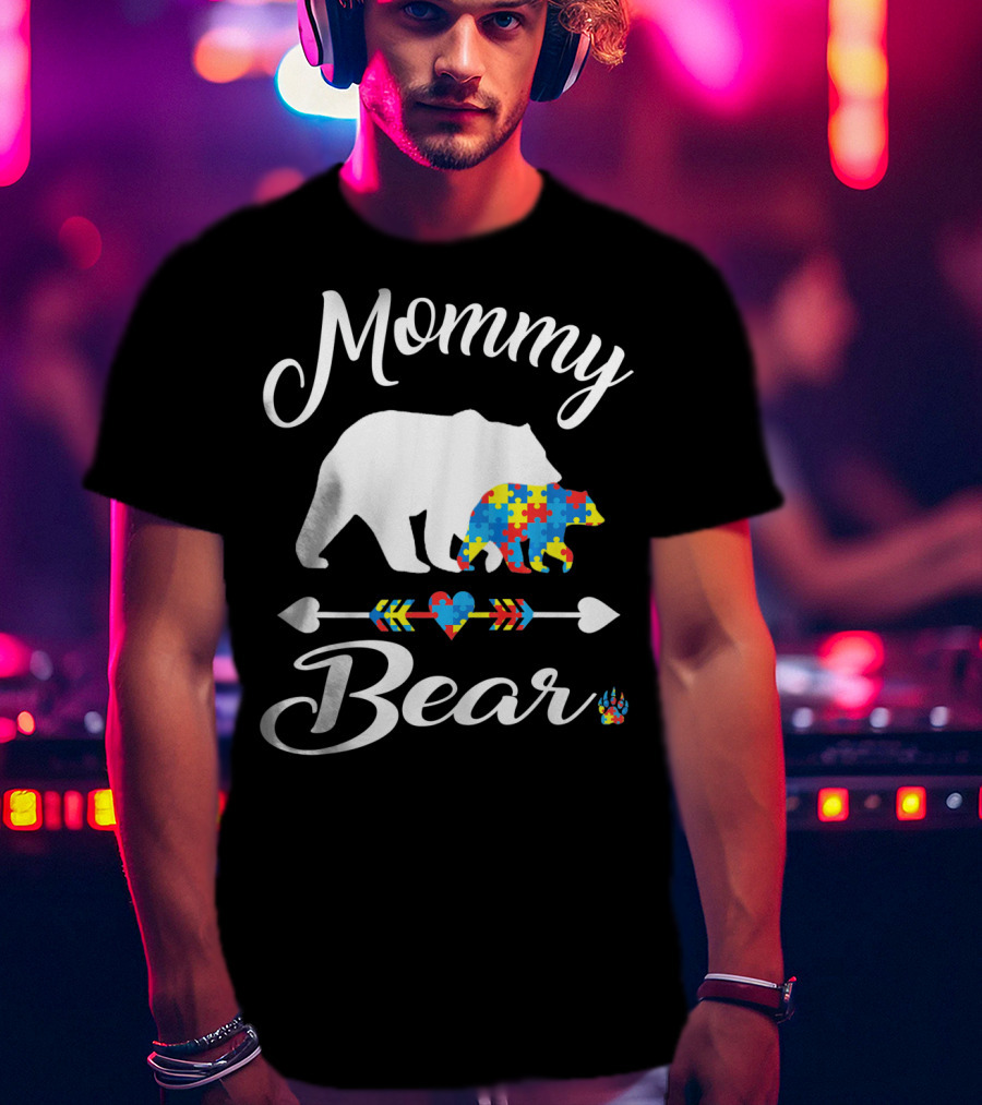 Mommy Bear Autism Awareness Puzzle Pattern Heart T-Shirt