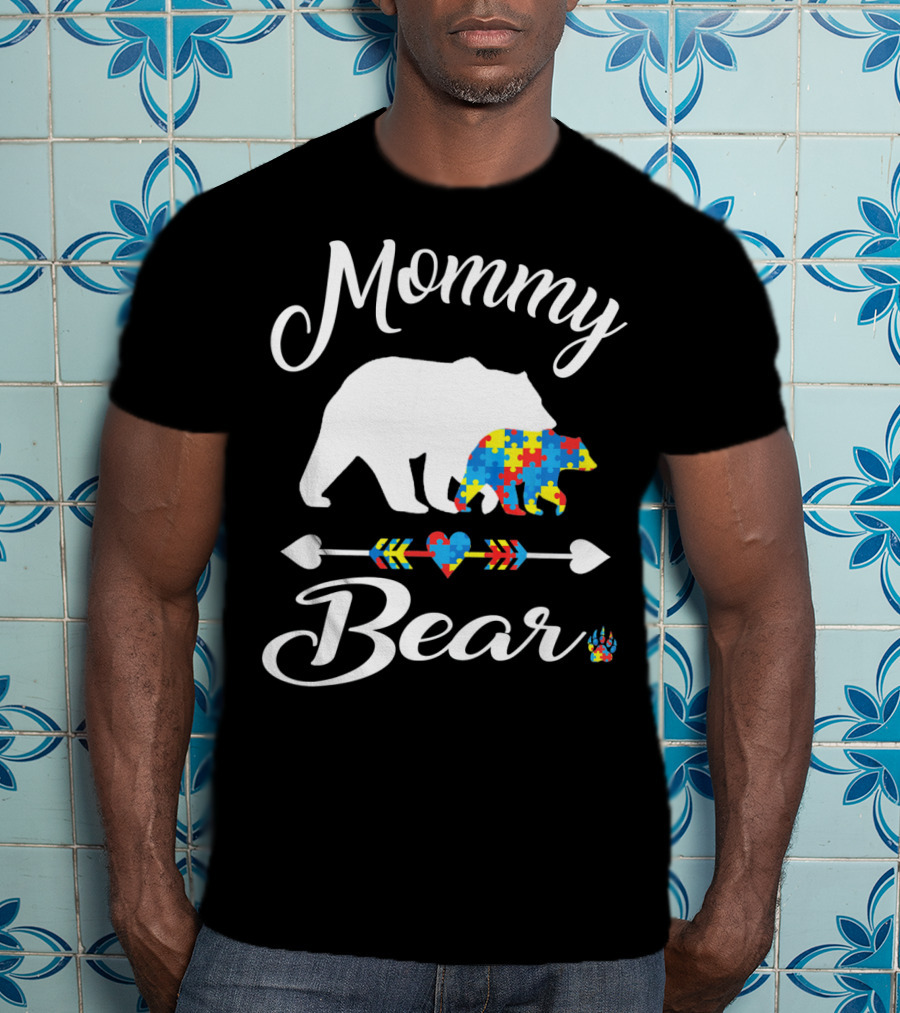 Mommy Bear Autism Awareness Puzzle Pattern Heart T-Shirt