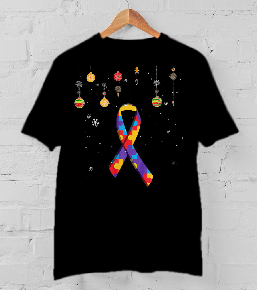 Autism Puzzle Ribbon With Christmas Ornaments And Snowflakes T-Shirt