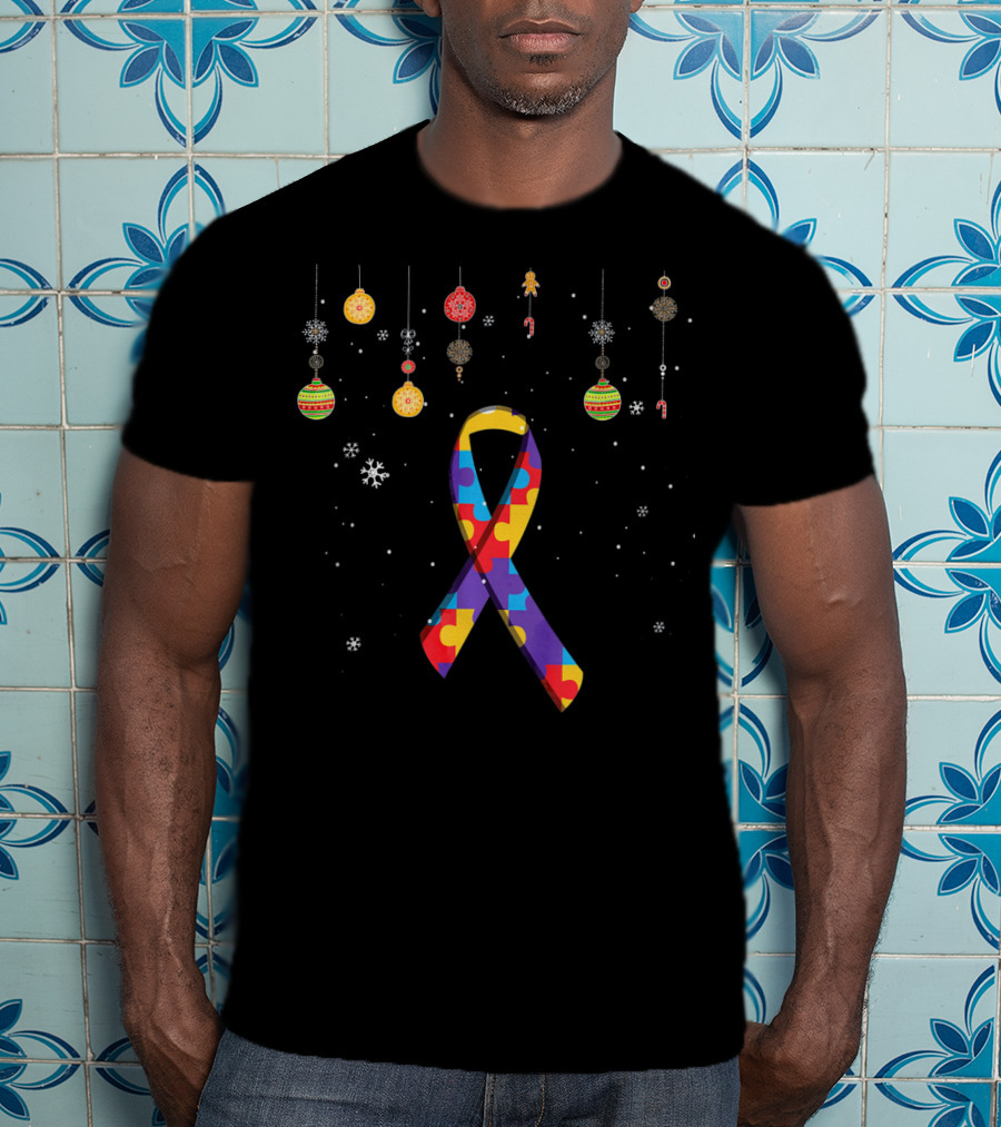 Autism Puzzle Ribbon With Christmas Ornaments And Snowflakes T-Shirt