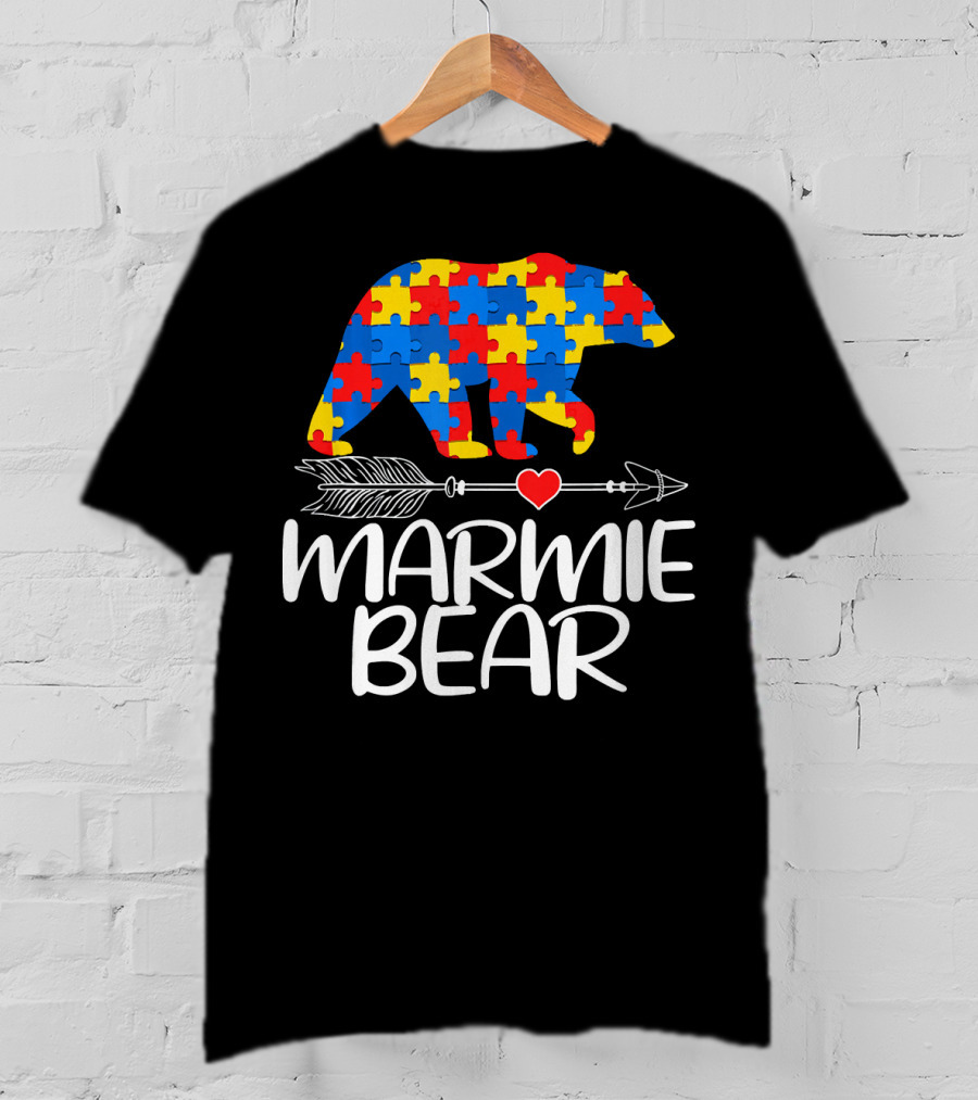 Marmie Bear Autism Awareness Puzzle Heart Arrow T-Shirt