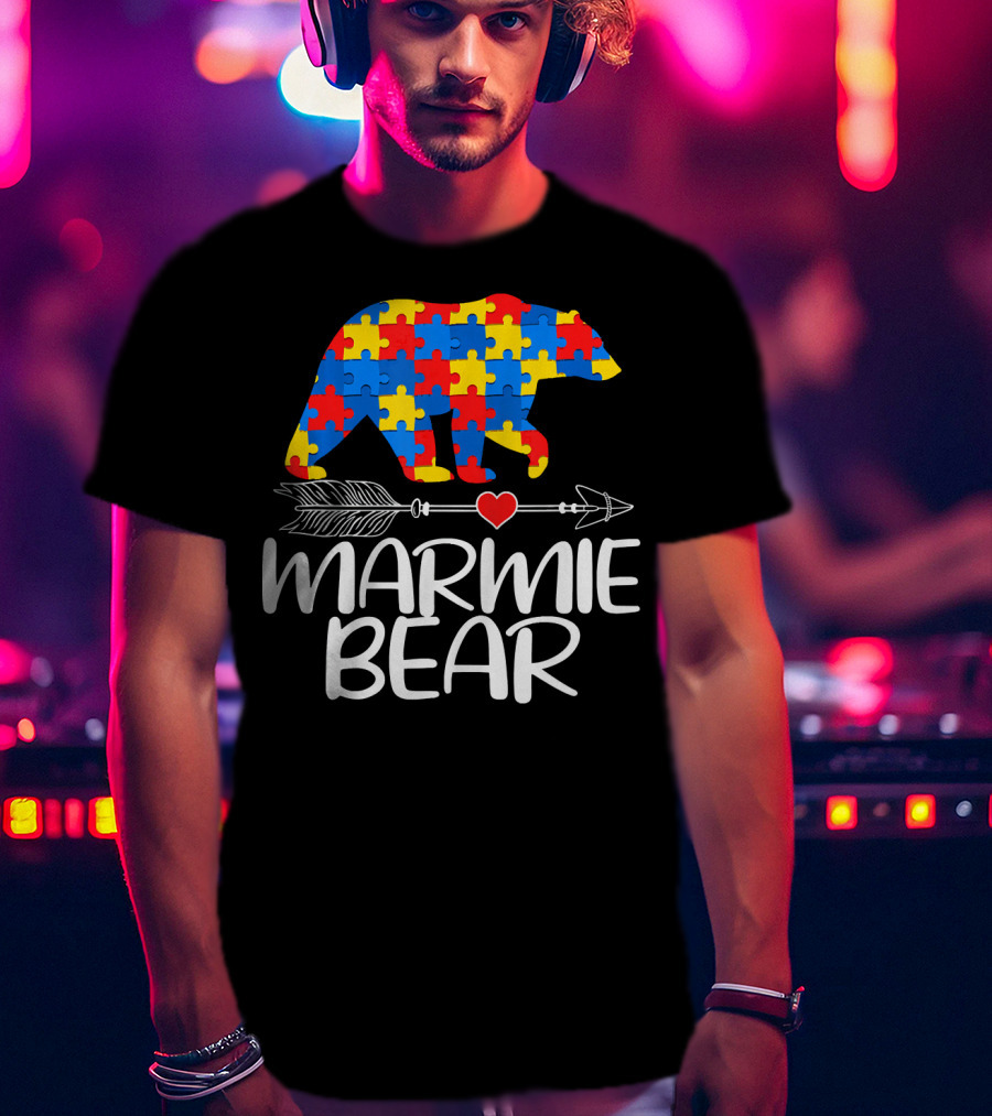 Marmie Bear Autism Awareness Puzzle Heart Arrow T-Shirt