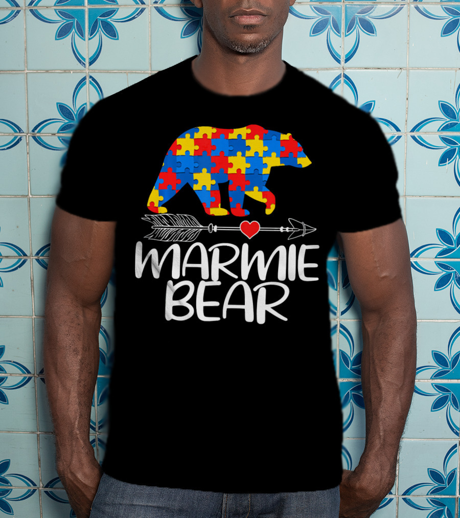 Marmie Bear Autism Awareness Puzzle Heart Arrow T-Shirt