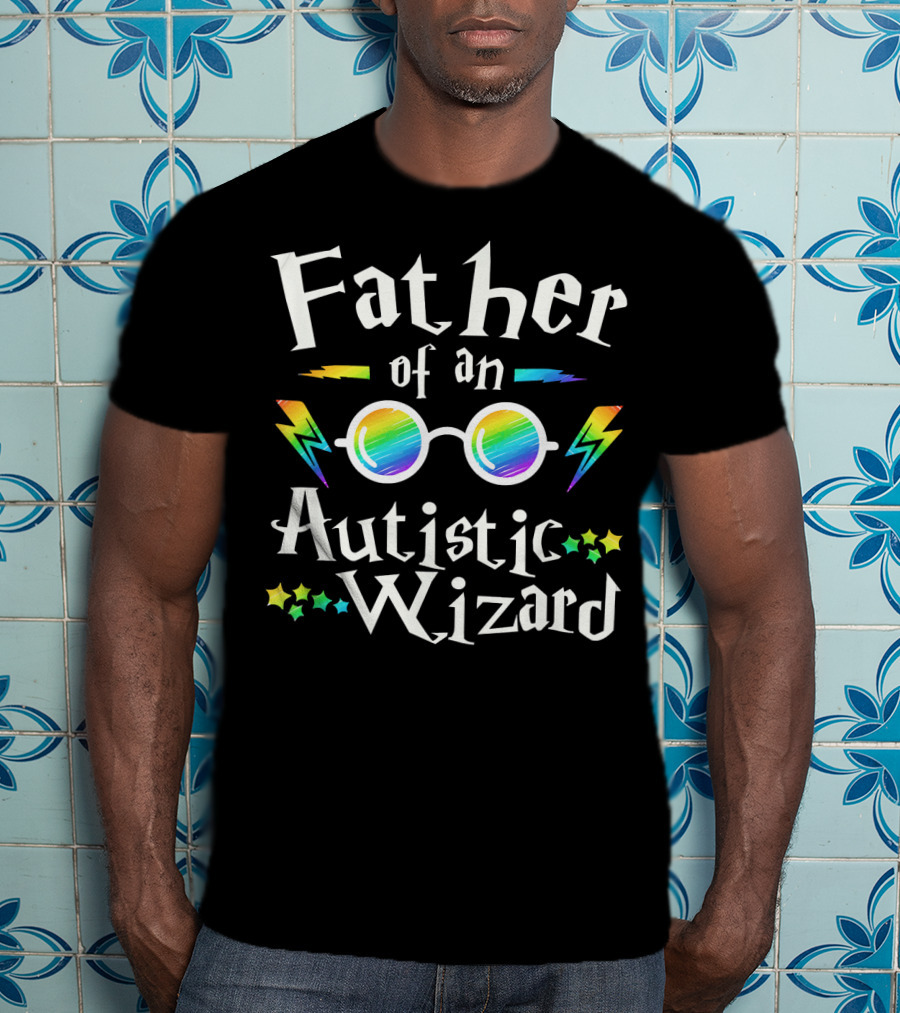 Father Of An Autistic Wizard Colorful Glasses And Lightning Bolts T-Shirt