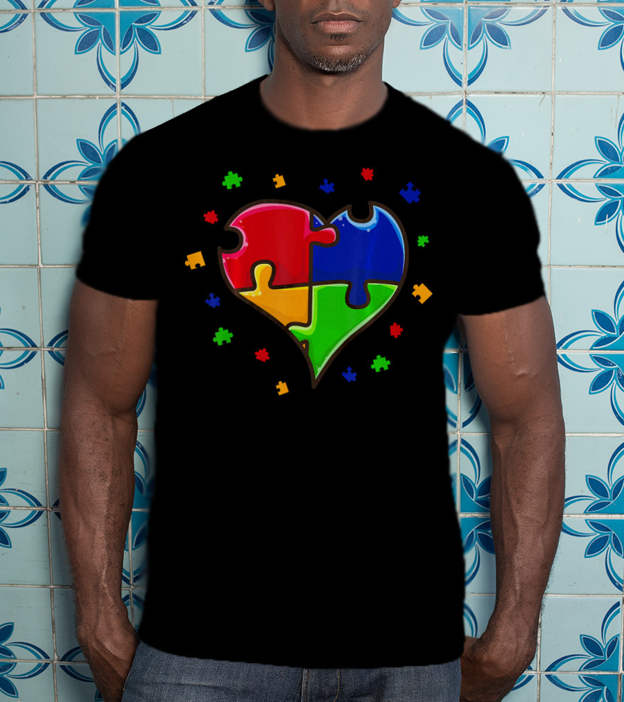 Autism Awareness Month Love Heart Puzzle Pieces T-Shirt