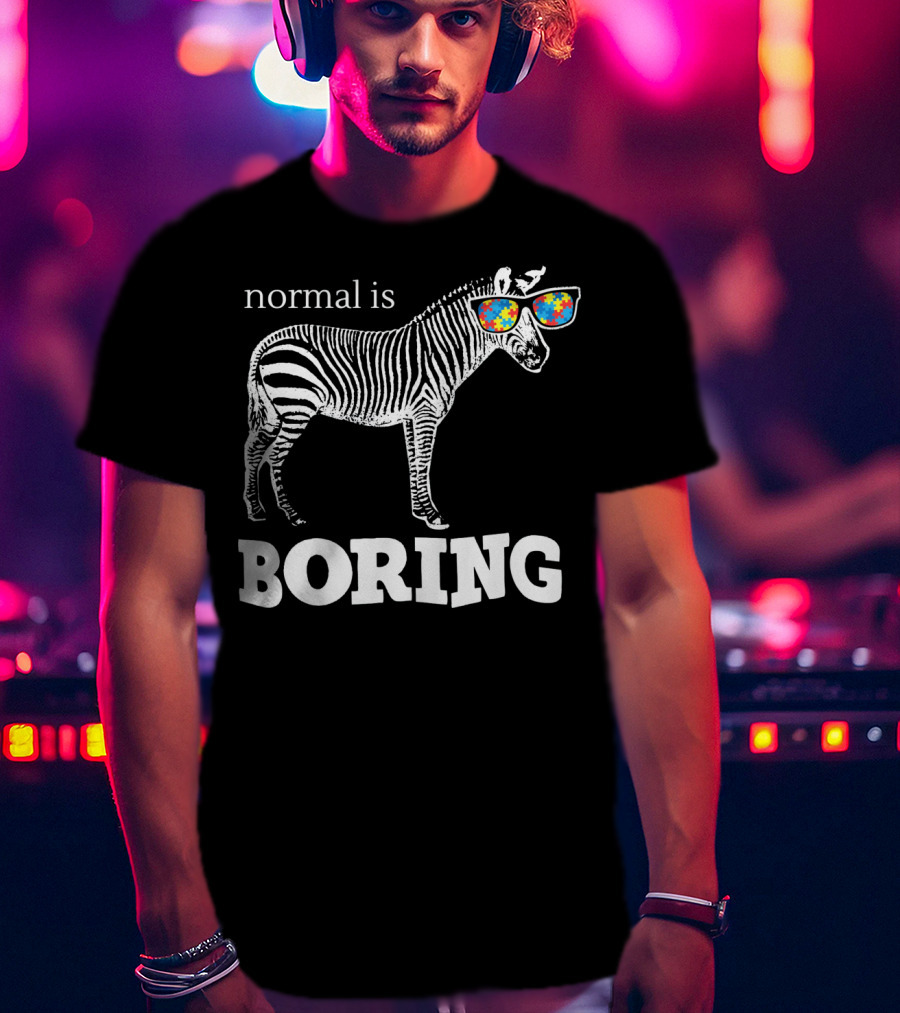 Normal Is Boring Zebra With Puzzle Piece Sunglasses Autism Awareness T-Shirt