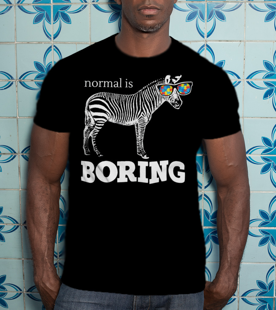 Normal Is Boring Zebra With Puzzle Piece Sunglasses Autism Awareness T-Shirt