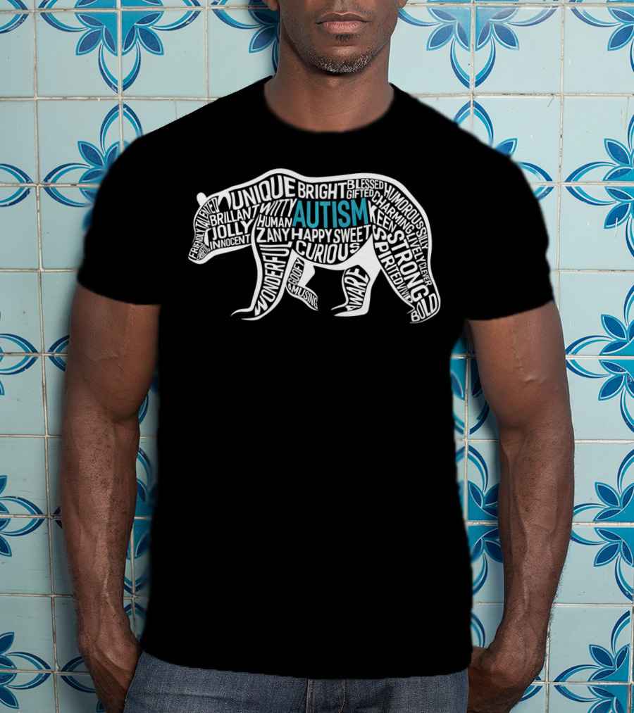 Autism Awareness Bear Word Cloud Unique Strong Curious Happy T-Shirt