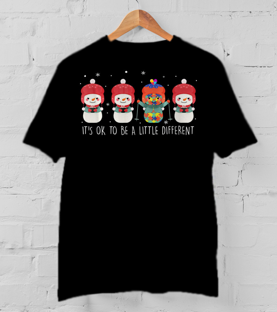 Snowman It's OK To Be A Little Different Autism Puzzle Piece Bowtie T-Shirt