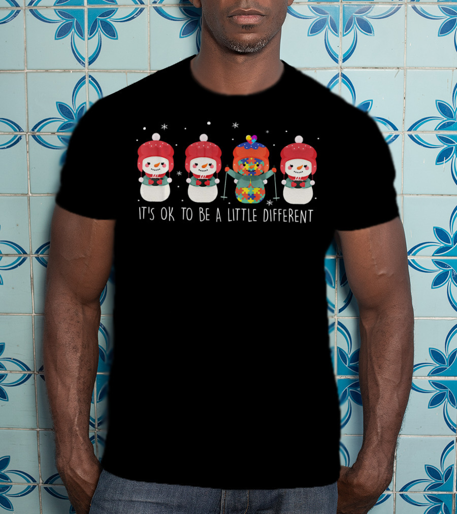 Snowman It's OK To Be A Little Different Autism Puzzle Piece Bowtie T-Shirt