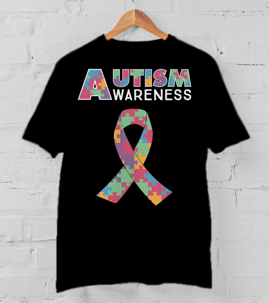 Autism Awareness Puzzle Ribbon And Colored Lettering T-Shirt